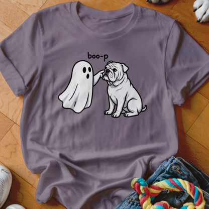 Ghost boo-p-ing a white bulldog on a purple t-shirt.