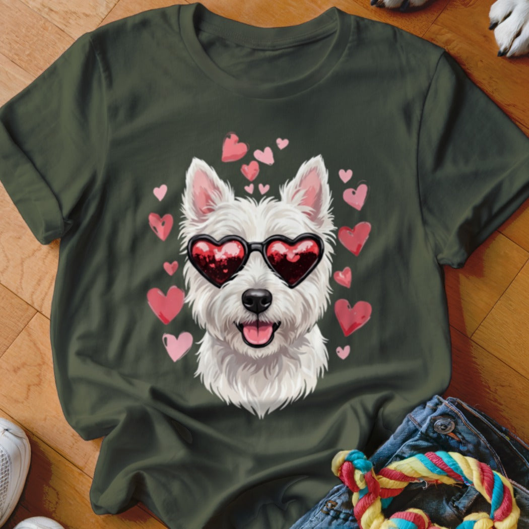 Dark green t-shirt featuring a West Highland White Terrier wearing heart-shaped sunglasses surrounded by pink hearts.