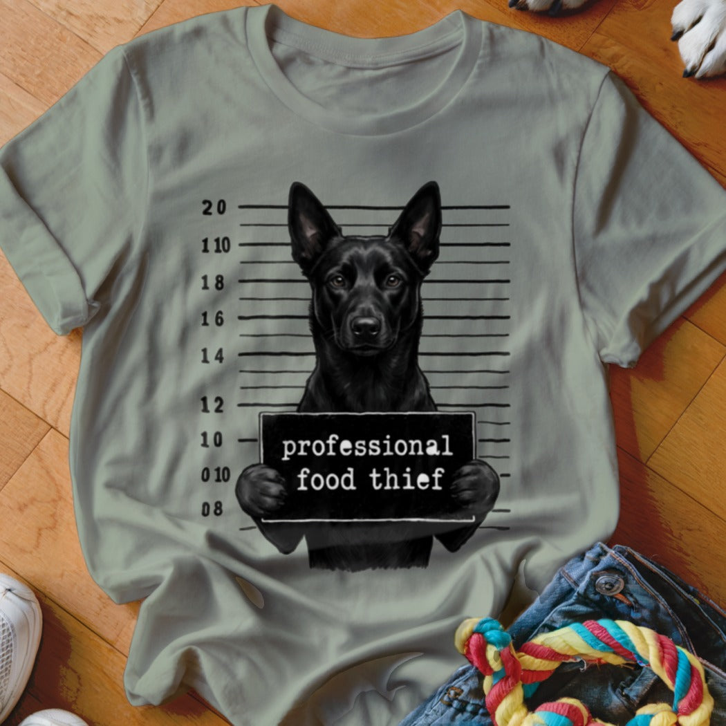 Black dog mugshot graphic with "professional food thief" text.