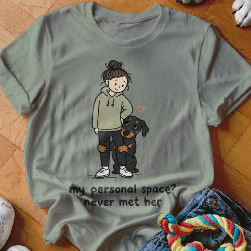T-shirt with illustration of girl and dog, text "my personal space? never met her."