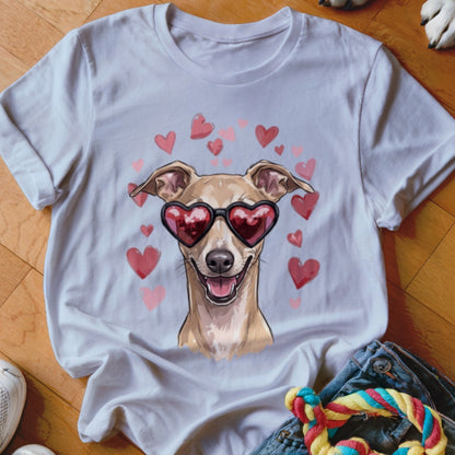 White t-shirt featuring an illustration of a smiling dog wearing heart-shaped sunglasses surrounded by pink hearts.