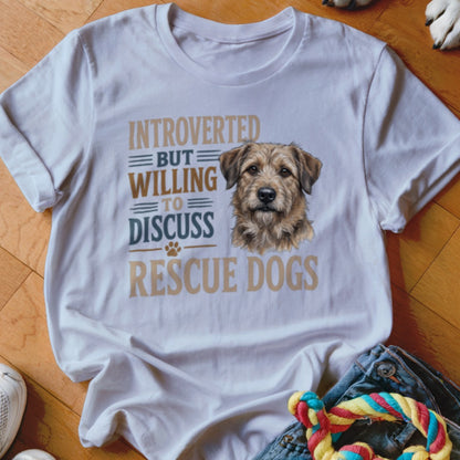 White t-shirt with dog illustration and text: "Introverted But Willing To Discuss Rescue Dogs."