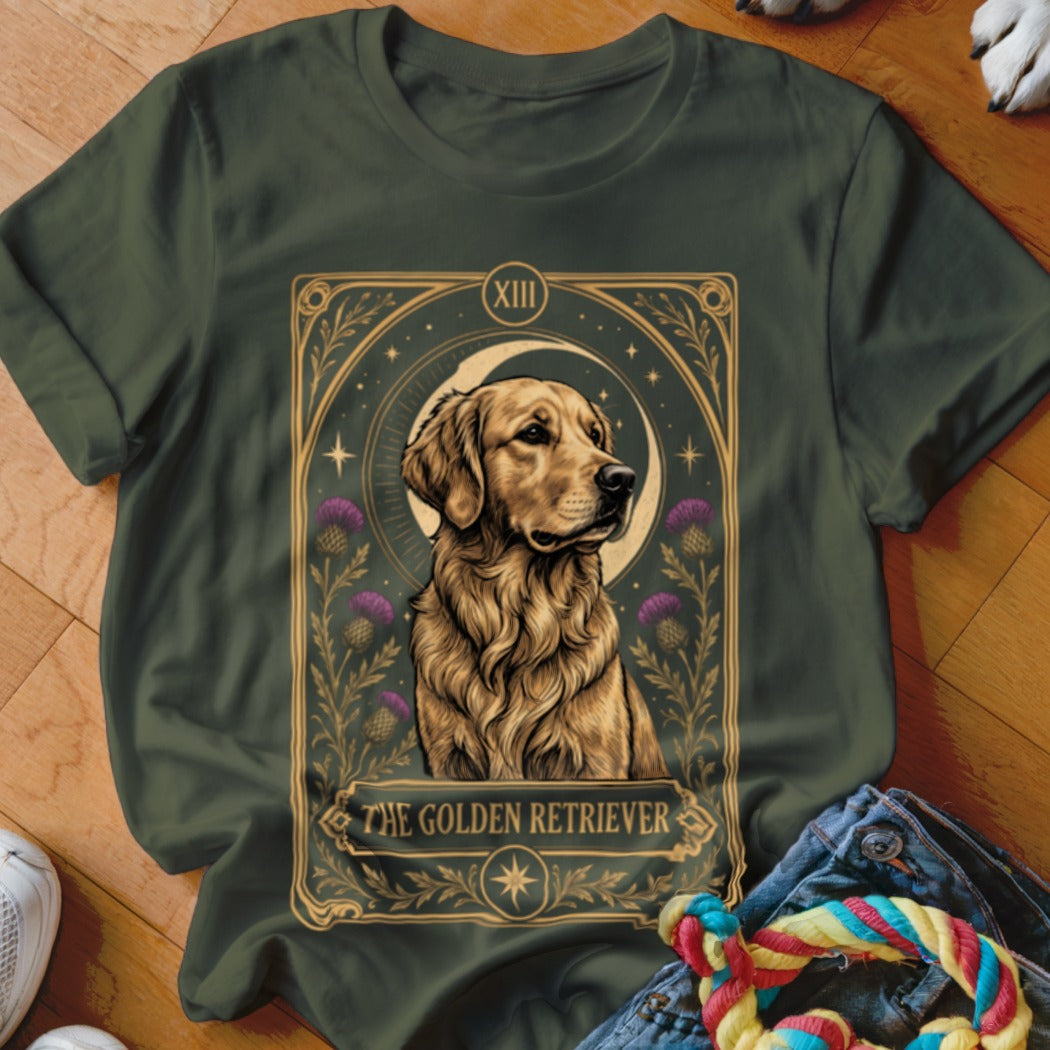 Dark green t-shirt featuring a tarot card graphic of a golden retriever with thistles and a crescent moon.