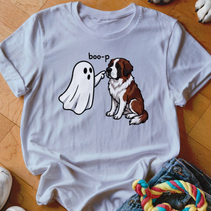 White t-shirt with cartoon ghost "boop-ing" a St. Bernard dog.