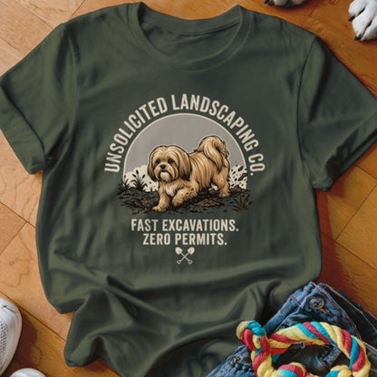 T-shirt with a dog graphic and text "Unsolicited Landscaping Co." and "Fast Excavations. Zero Permits."