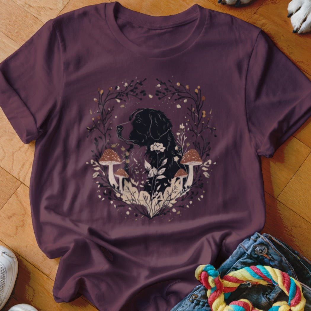 Maroon short-sleeved t-shirt featuring a black Bernese Mountain Dog graphic surrounded by mushrooms and foliage.