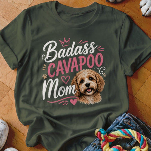 Green t-shirt with "Badass CAVAPOO Mom" text and a Cavapoo dog illustration.