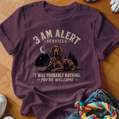 Maroon t-shirt with dog, house, trees, moon, and text "3 AM ALERT SERVICES IT WAS PROBABLY NOTHING. YOU'RE WELCOME."