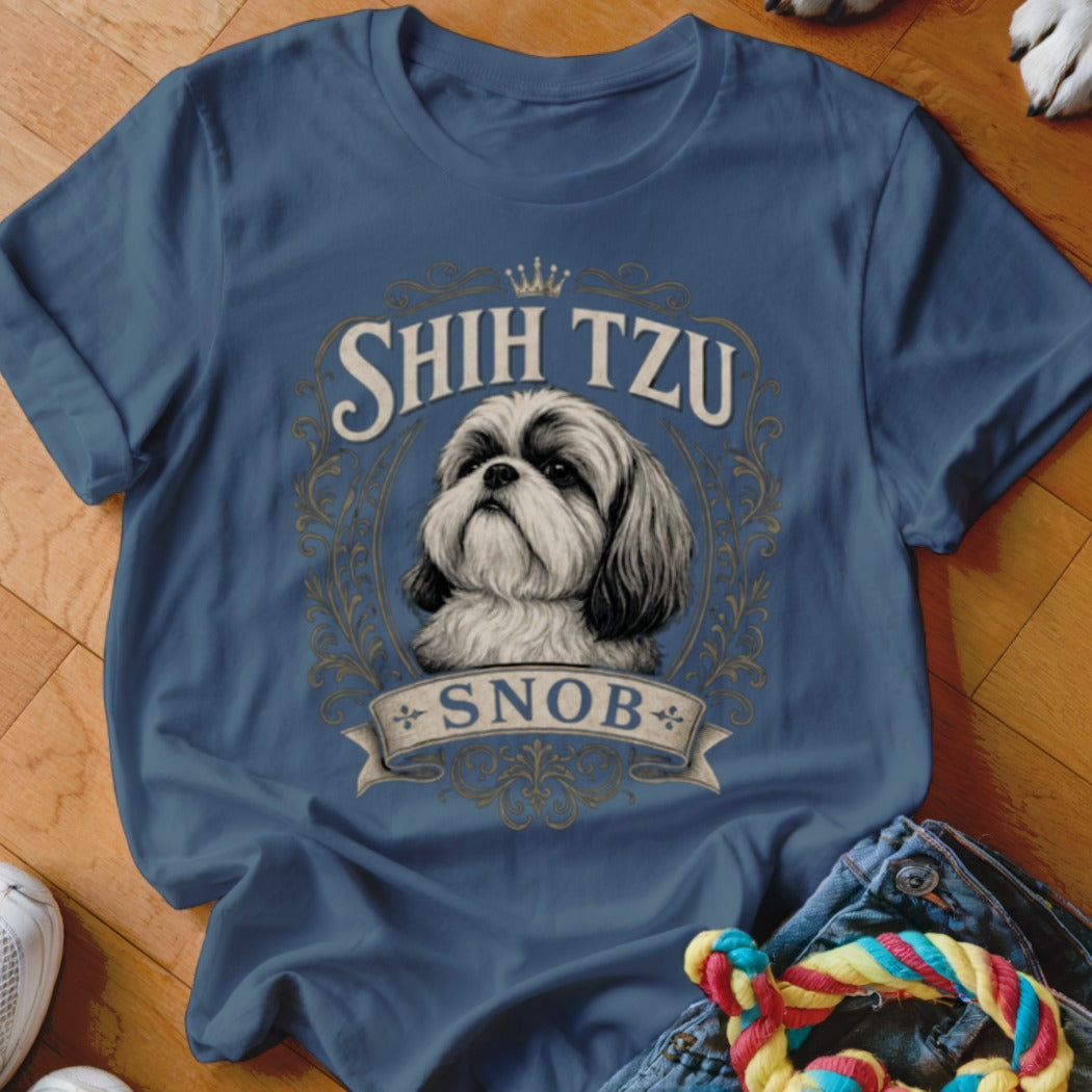 Shih Tzu Snob graphic on a blue t-shirt with a dog portrait and ornate frame.