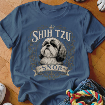Shih Tzu Snob graphic on a blue t-shirt with a dog portrait and ornate frame.