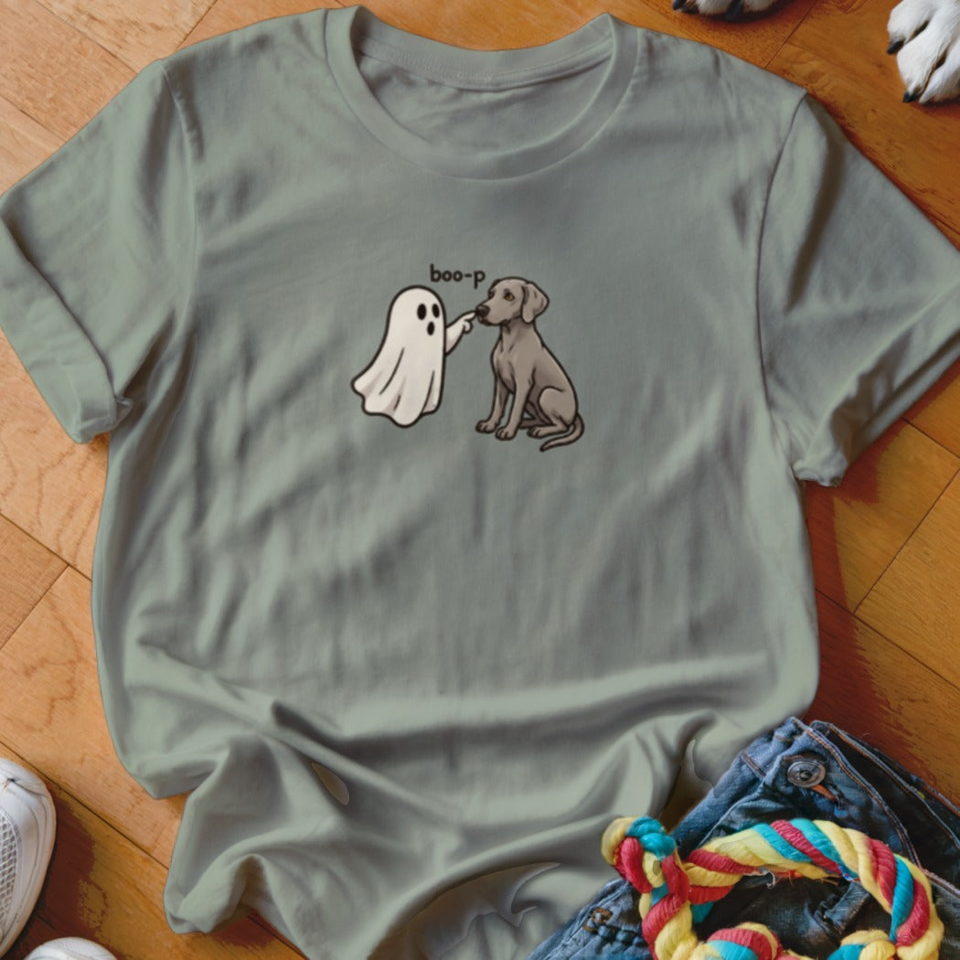 Ghost boops dog with text "boo-p" on light gray t-shirt.