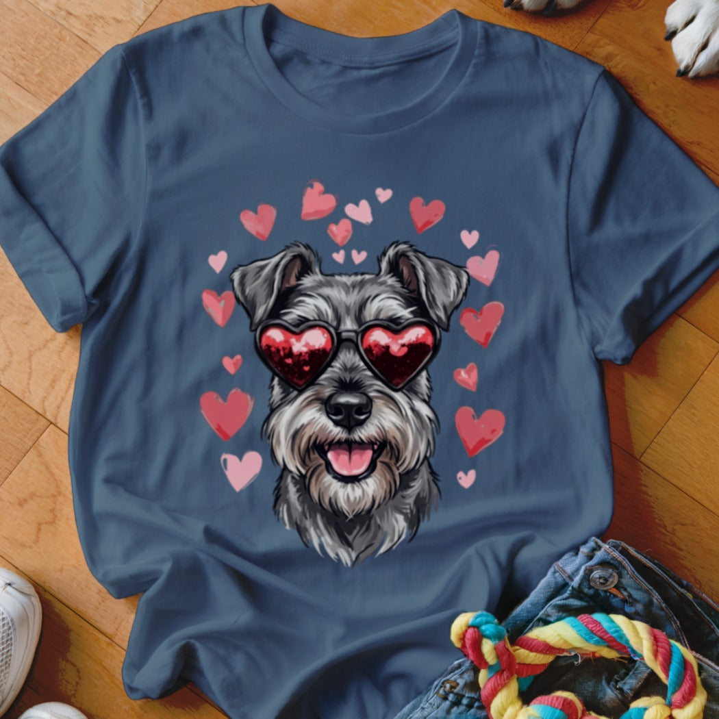 Dark blue t-shirt featuring a schnauzer wearing heart-shaped sunglasses surrounded by pink hearts.