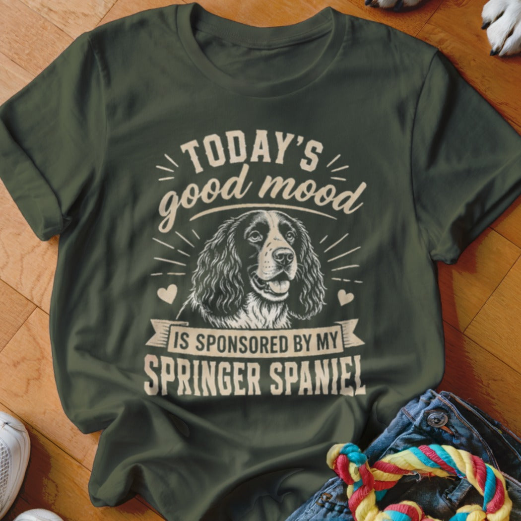 Olive t-shirt with Springer Spaniel graphic and text: "Today's good mood is sponsored by my Springer Spaniel".