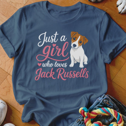 Dark blue t-shirt with white and pink text reading "Just a girl who loves Jack Russells" and a cartoon Jack Russell.