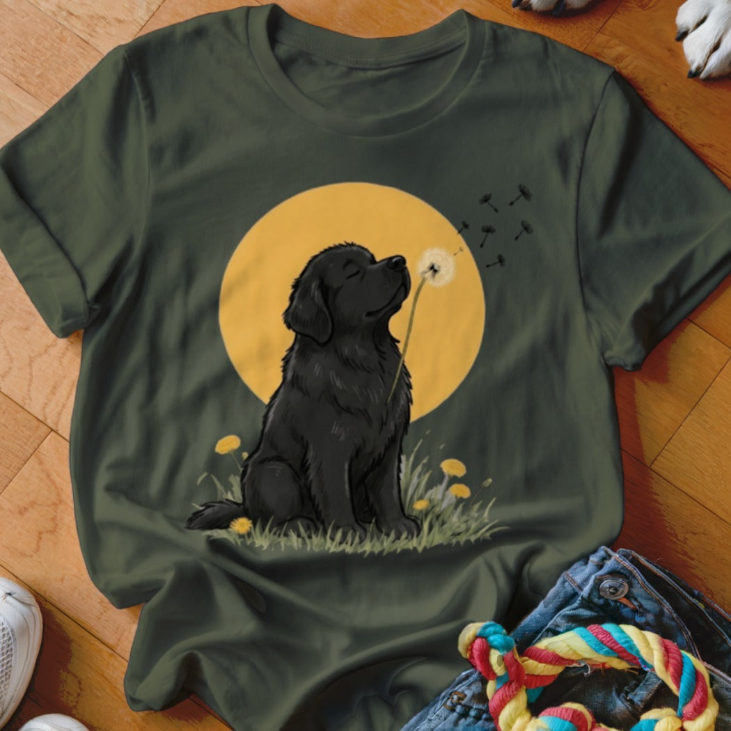 Dark green t-shirt featuring an illustration of a black dog sitting in grass blowing dandelion seeds.