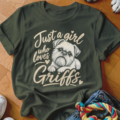 Green t-shirt with "Just a girl who loves Griffs" and a sketch of a griffon dog.