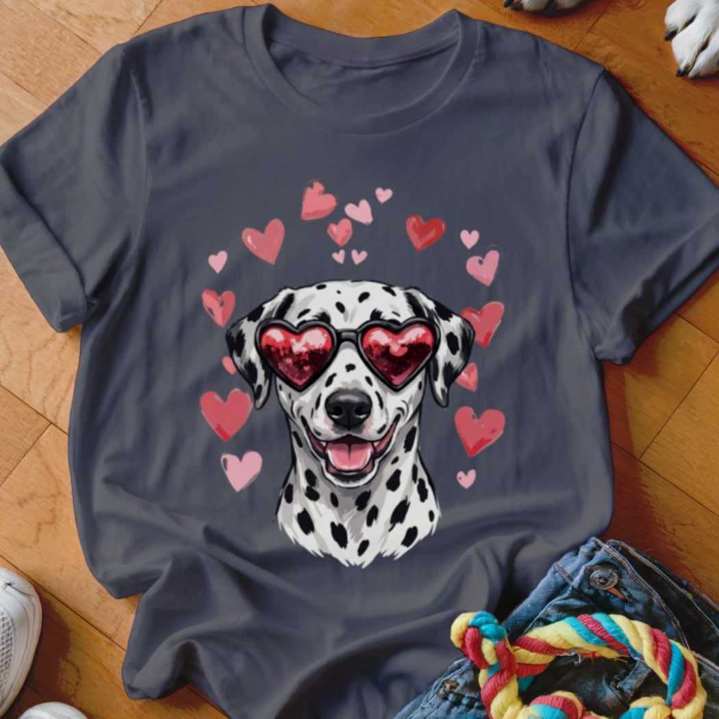 Dark gray t-shirt featuring a graphic of a smiling Dalmatian wearing heart-shaped sunglasses surrounded by pink hearts.