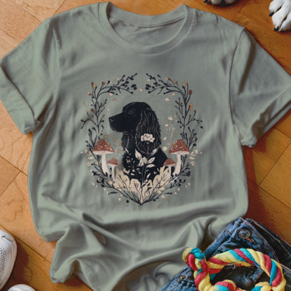 Sage green crewneck t-shirt featuring a black dog illustration surrounded by botanical wreaths and mushrooms.