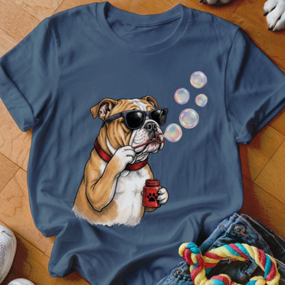 Blue t-shirt featuring a graphic of an English bulldog wearing sunglasses and blowing bubbles.