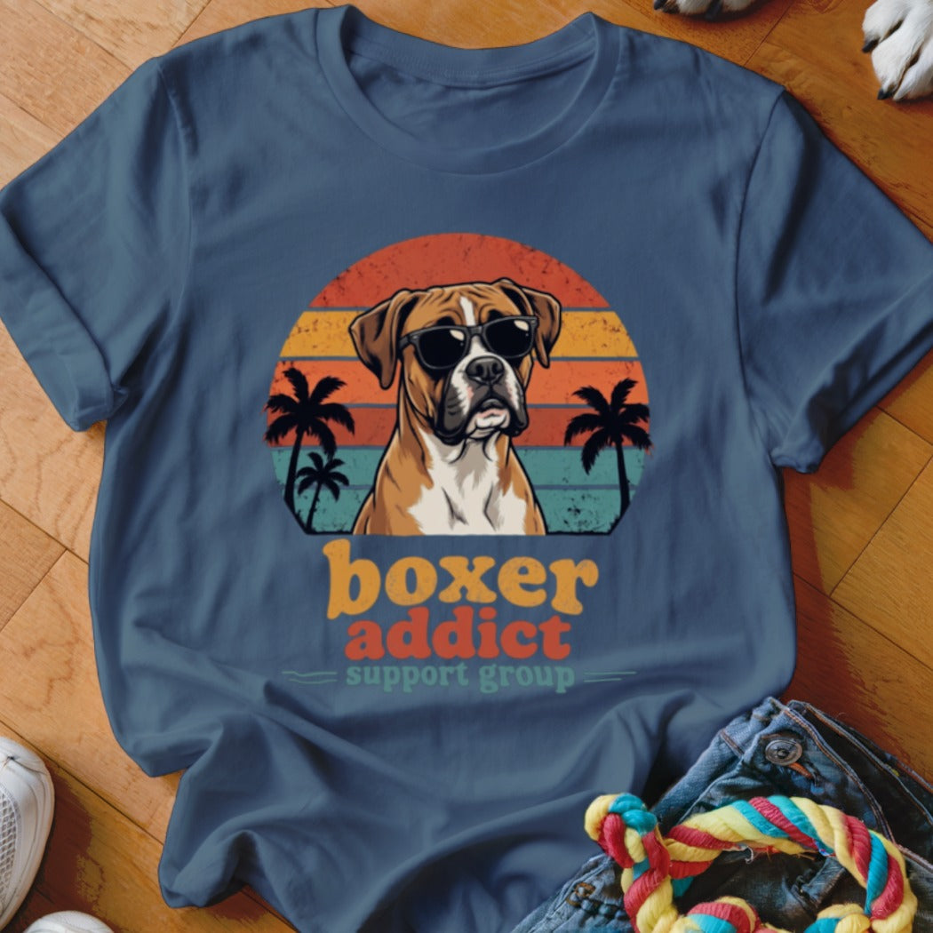 Navy blue t-shirt featuring a retro graphic of a Boxer dog in sunglasses with palm trees.