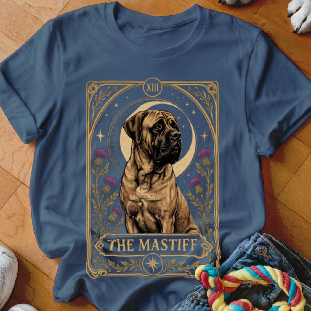 Blue crewneck t-shirt featuring a tarot card graphic of a mastiff with the text THE MASTIFF.