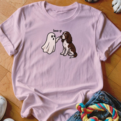 Pink t-shirt with cartoon ghost saying "boo-p" and poking a brown and white dog.