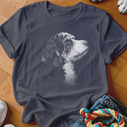 T-shirt with a sketched portrait of a dog's head facing right.
