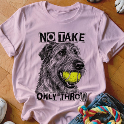 Pink t-shirt with a sketch of a dog holding a tennis ball and text "NO TAKE ONLY THROW".