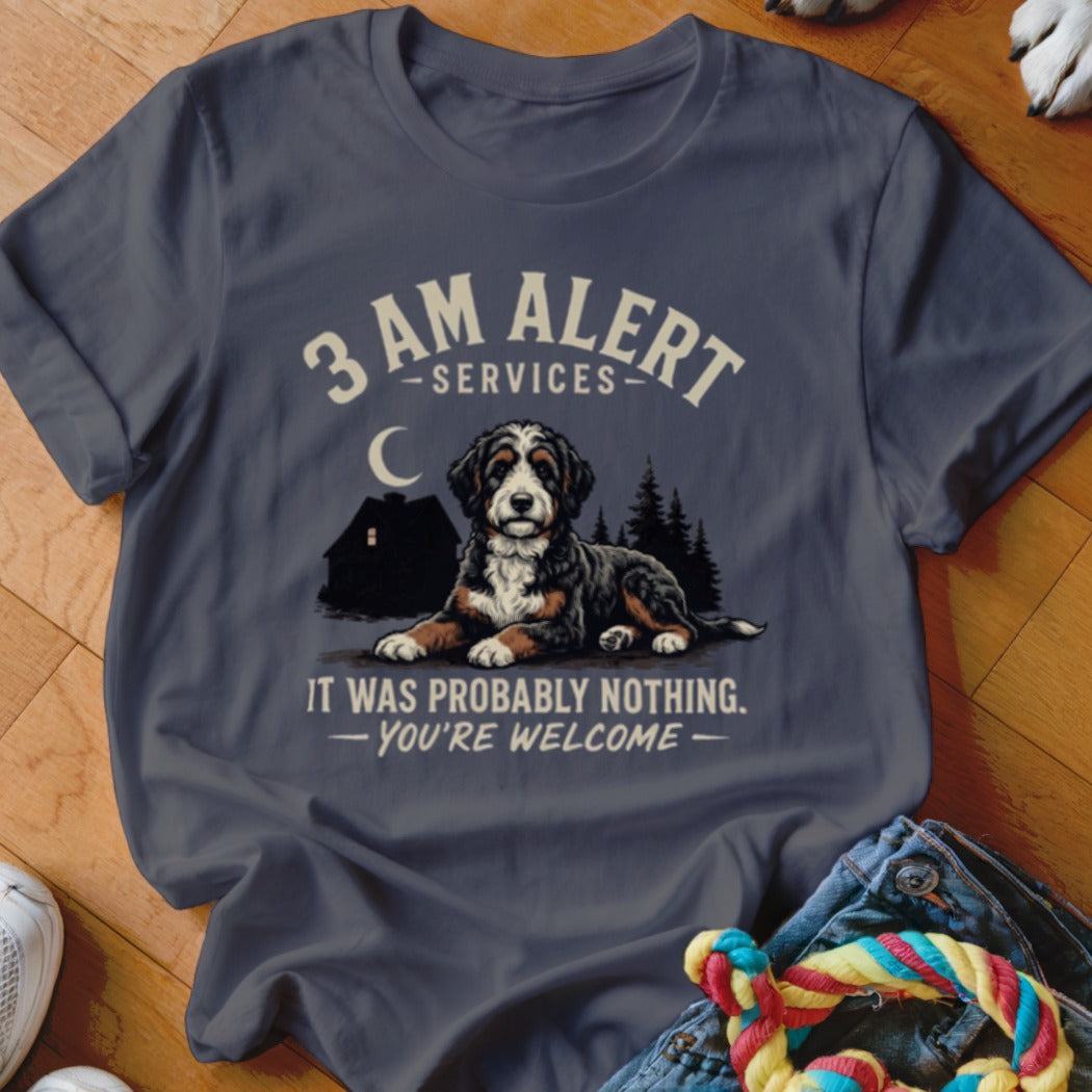 Bernese Mountain Dog with "3 AM ALERT SERVICES" and humorous text.