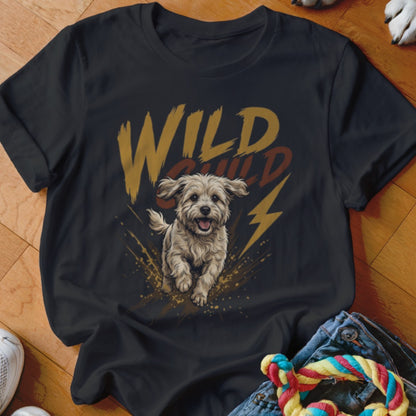 A black short-sleeved t-shirt featuring a graphic of a running puppy and the text Wild Child.