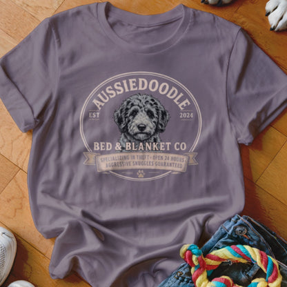 Aussiedoodle Bed & Blanket Co. t-shirt with dog illustration and humorous text.