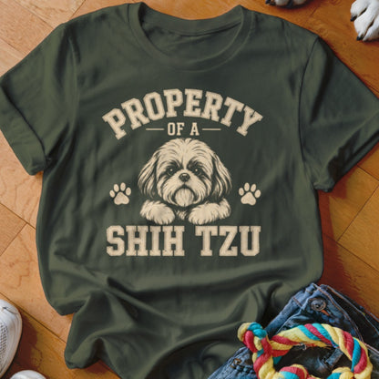 Green t-shirt with "Property of a Shih Tzu" and dog graphic.