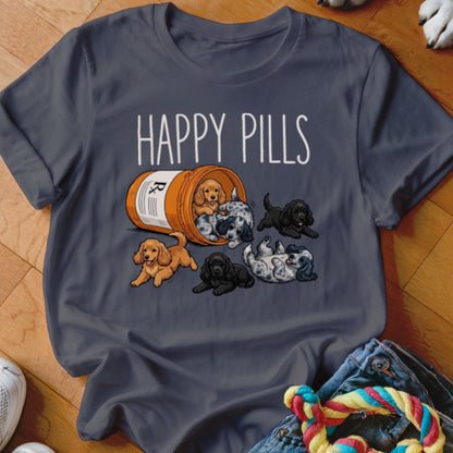 T-shirt with "HAPPY PILLS" text and cartoon puppies spilling from a prescription bottle.