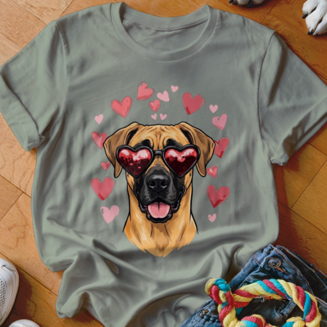 Sage green t-shirt featuring an illustration of a brown dog wearing heart-shaped sunglasses, surrounded by pink hearts.