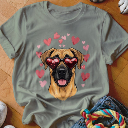 Sage green t-shirt featuring an illustration of a brown dog wearing heart-shaped sunglasses, surrounded by pink hearts.
