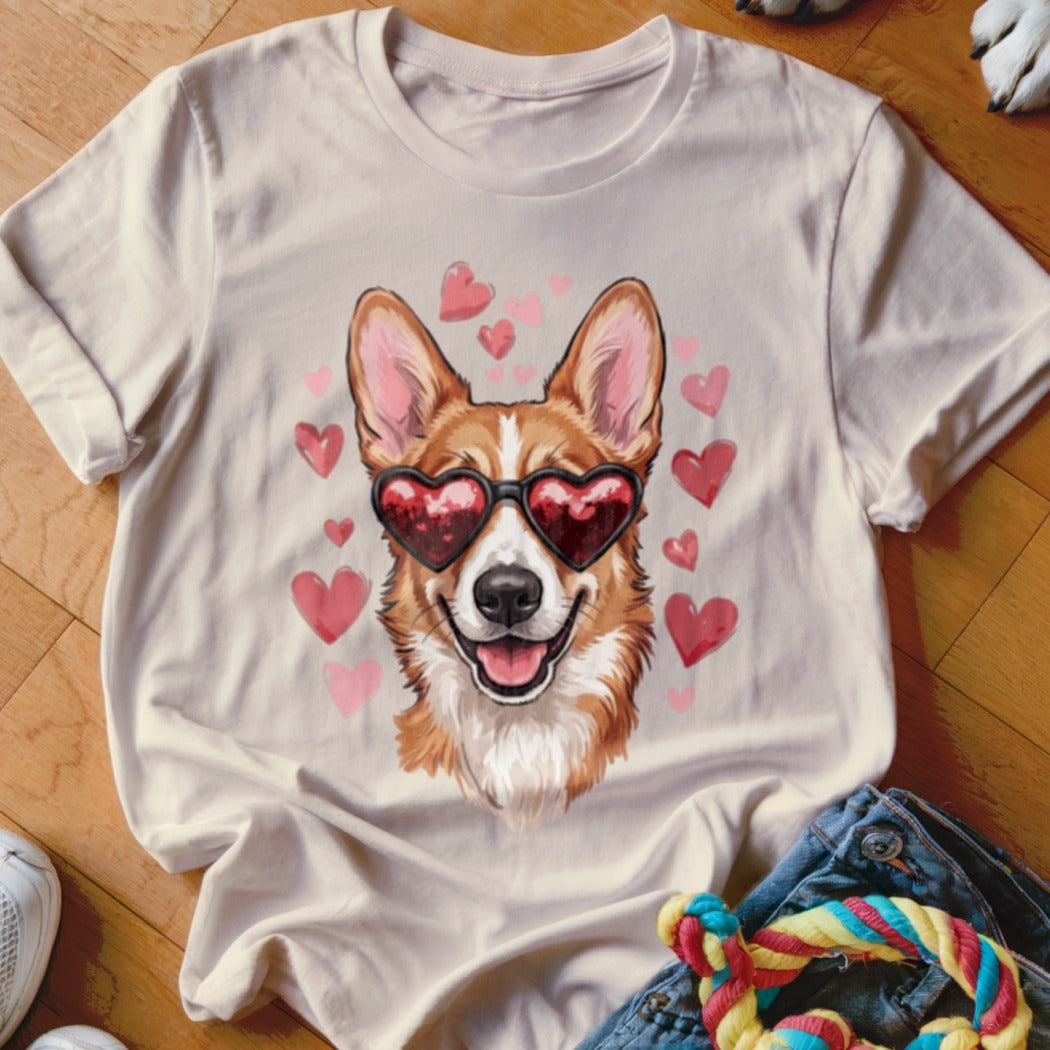 A cream-colored t-shirt featuring a Corgi wearing heart-shaped sunglasses surrounded by floating pink hearts.