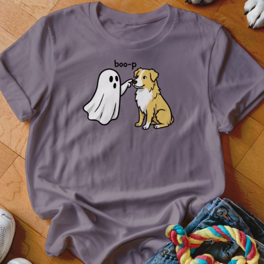 Ghost poking dog's nose with "boo-p" text above.