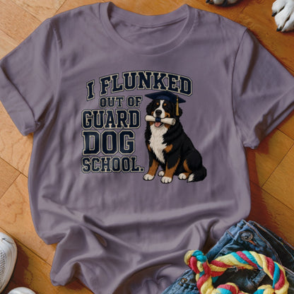 Bernese Mountain Dog in graduation cap holding diploma with text "I flunked out of guard dog school."