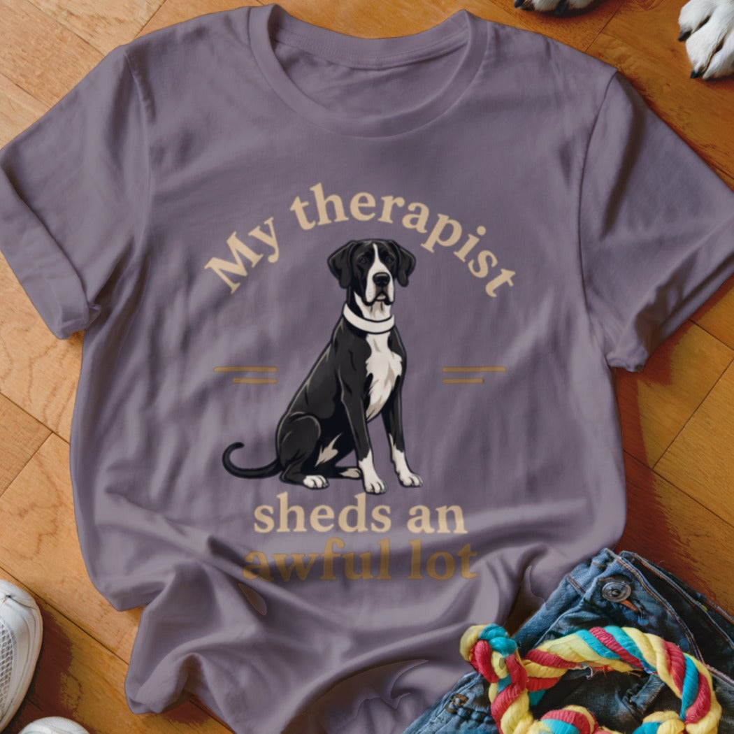 Gray t-shirt with a black and white Great Dane and text "My therapist sheds an awful lot".