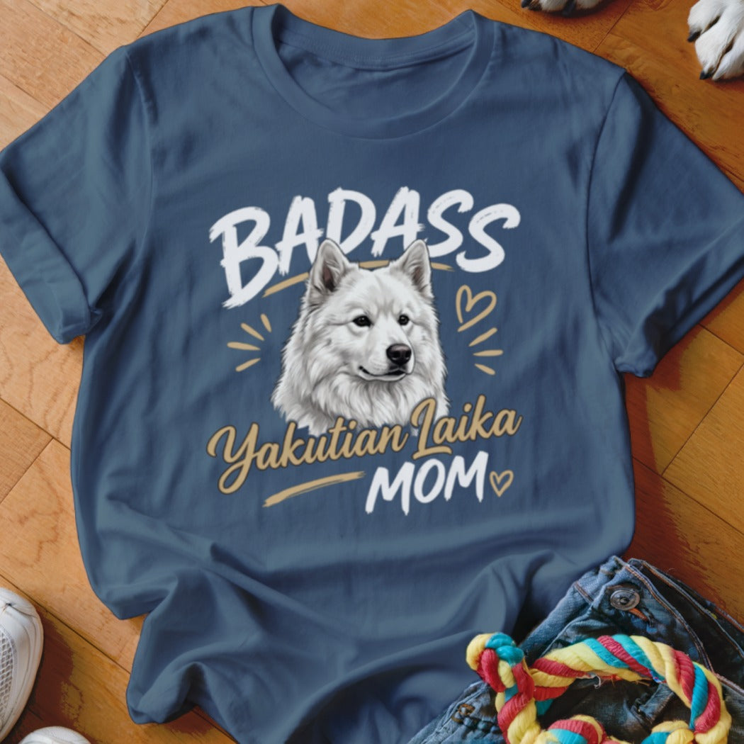 Blue crewneck t-shirt featuring a white Yakutian Laika graphic and text reading BADASS Yakutian Laika MOM.