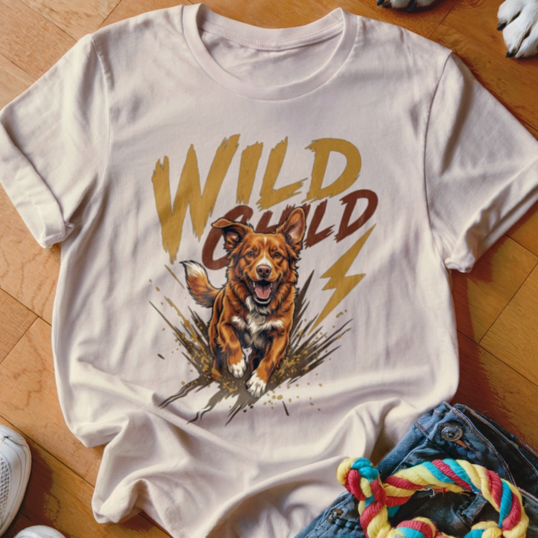 Light pink t-shirt with a graphic of a running dog and text that reads WILD CHILD.