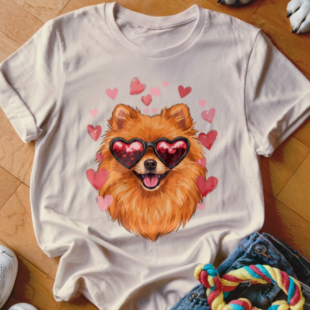 A light-colored t-shirt featuring a graphic of a fluffy Pomeranian wearing heart-shaped sunglasses surrounded by pink hearts.