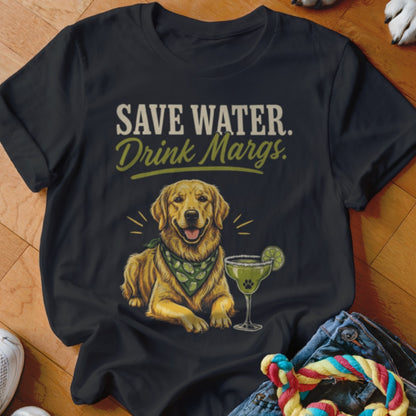A black t-shirt features a graphic of a golden retriever with a margarita and the text "SAVE WATER. Drink Margs."