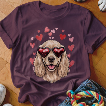 A dark purple t-shirt features a graphic of a golden spaniel wearing heart-shaped sunglasses surrounded by floating pink hearts.