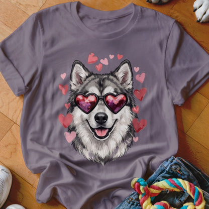 A grey t-shirt featuring a graphic of a husky wearing heart-shaped sunglasses surrounded by pink hearts.