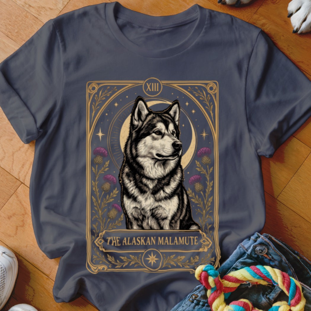 Dark grey t-shirt featuring a tarot card style graphic of an Alaskan Malamute.