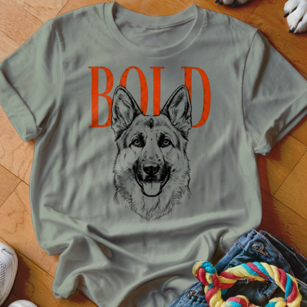 Gray t-shirt with "BOLD" and a sketched German Shepherd dog.