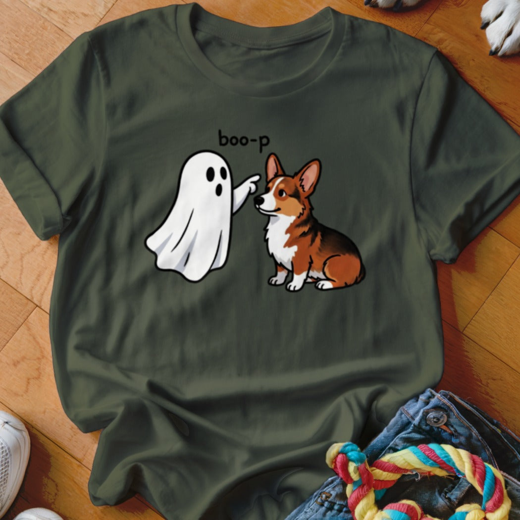 Cartoon ghost pointing at a corgi with the text "boo-p".
