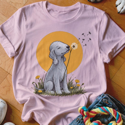 A pink t-shirt featuring a graphic of a grey dog blowing dandelion seeds.