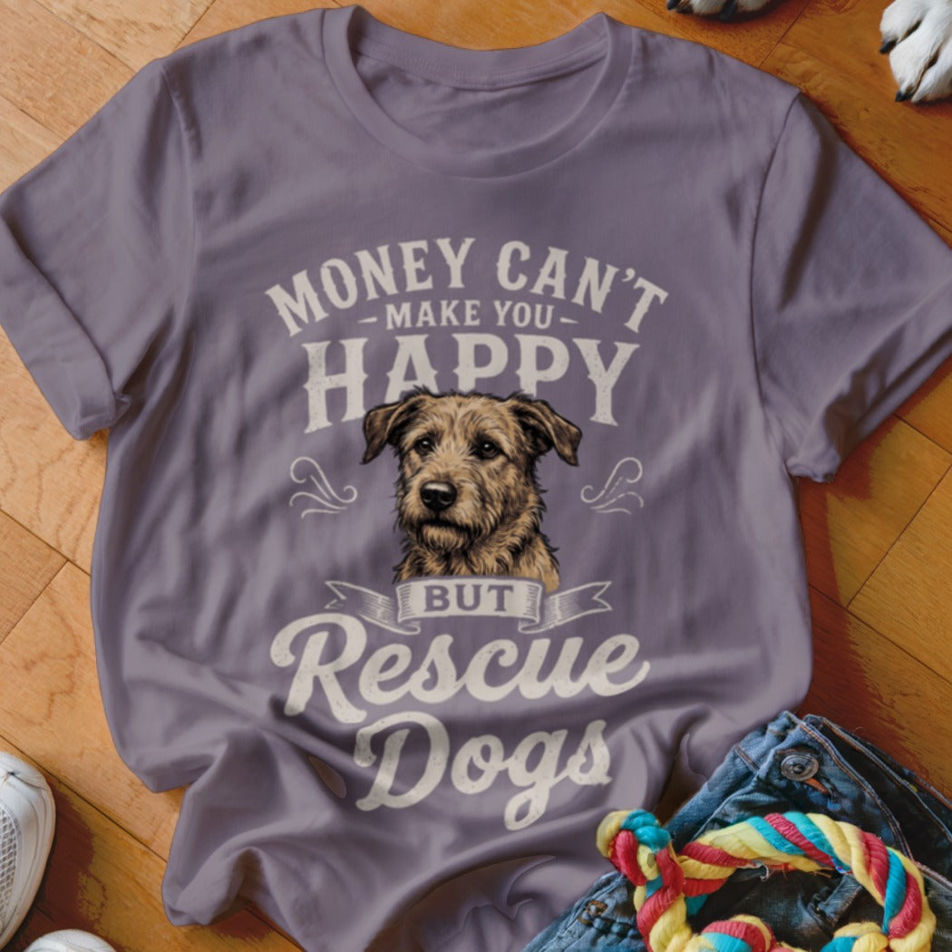 Purple t-shirt with a scruffy dog illustration and text: Money Can't Make You Happy But Rescue Dogs